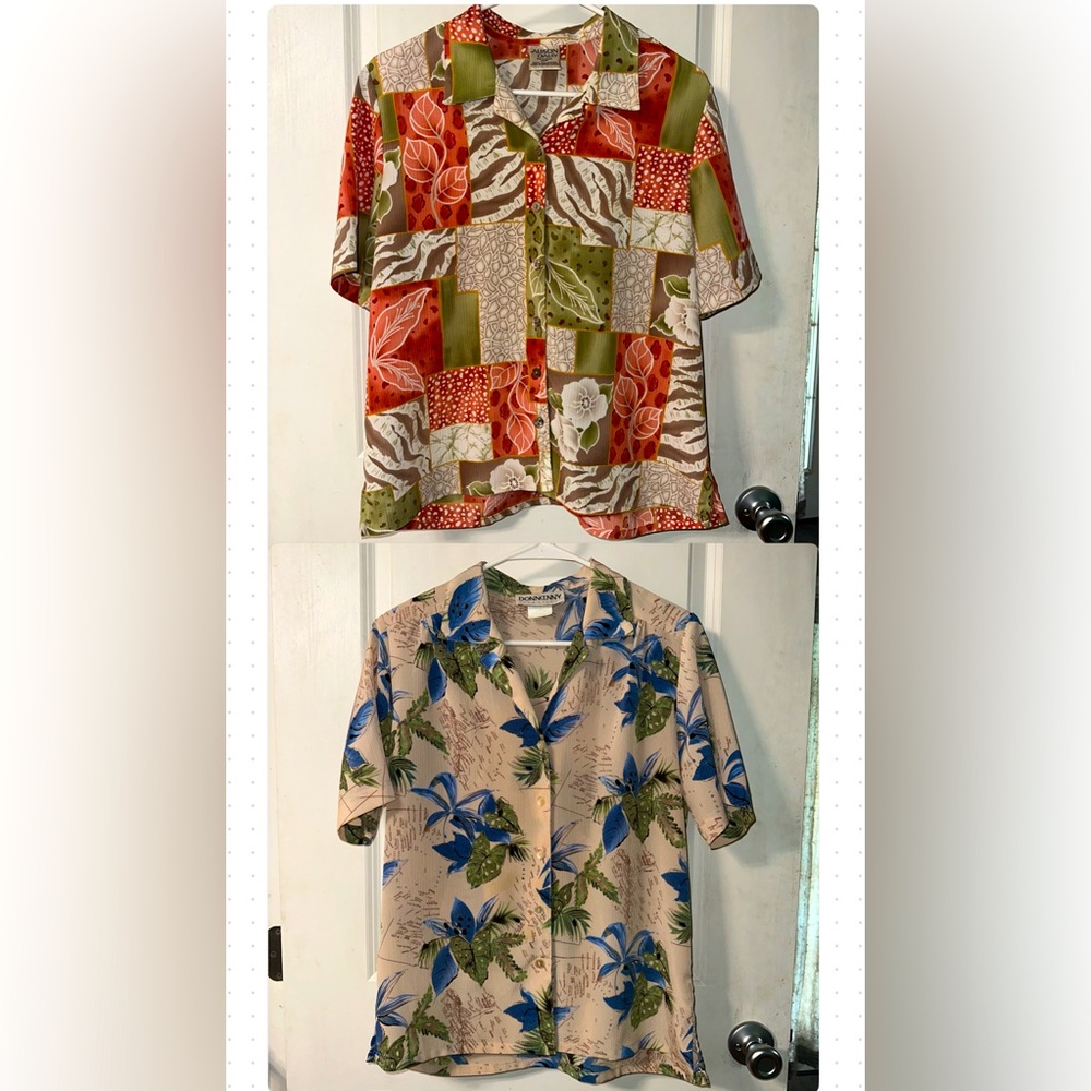 2 Vintage Button Down Tops Donnkenny & Allison Daley Tropical & Patchwork Prints